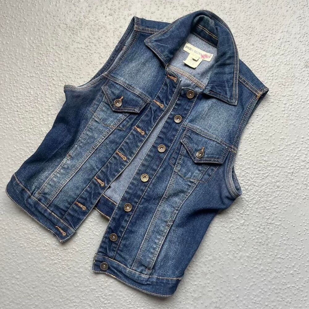 Y2K Paris Blues Denim Vest Womens Medium Blue Jean Sleeveless Button Up Casual